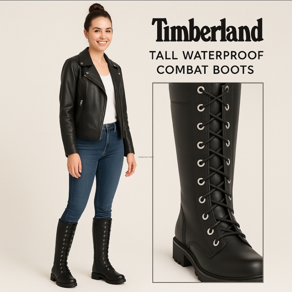 ⭐ Timberland Tall Black Lace-Up Combat Boots – Goth Moto Waterproof 9M & 7M Jr - Picture 2 of 16